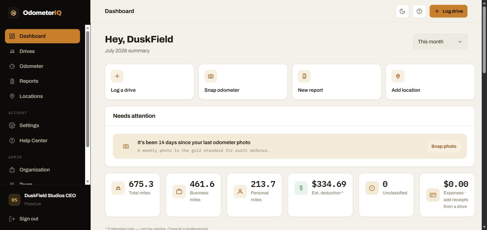 The OdometerIQ web dashboard — a real console showing monthly miles, estimated deduction, and an odometer-photo audit reminder