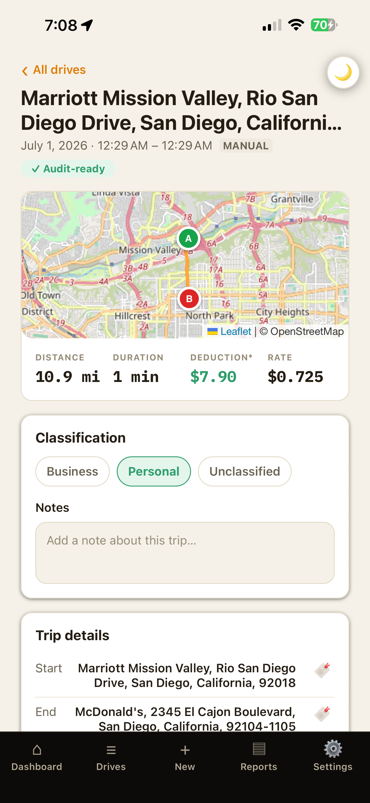 OdometerIQ Trip detail screen