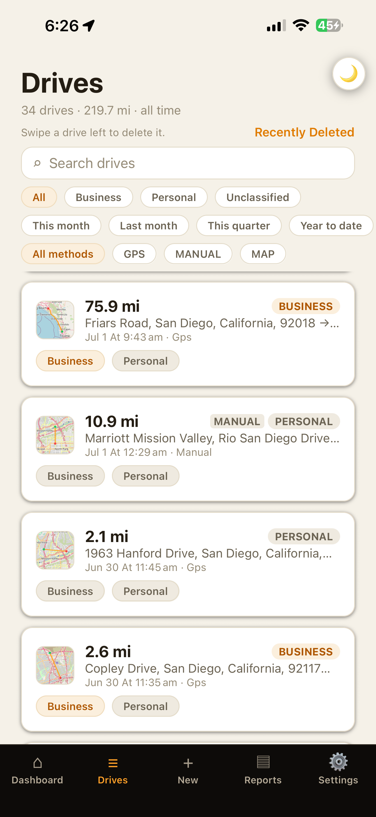 OdometerIQ Drive log screen