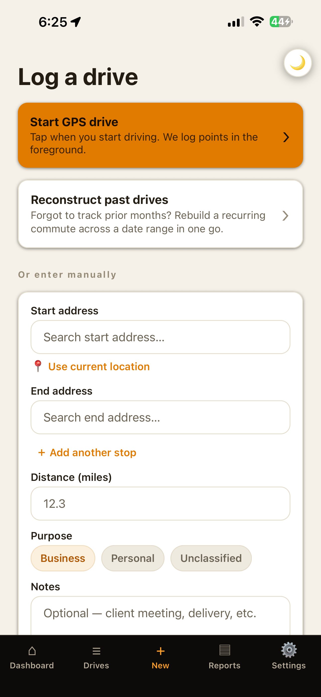 OdometerIQ Log a drive screen