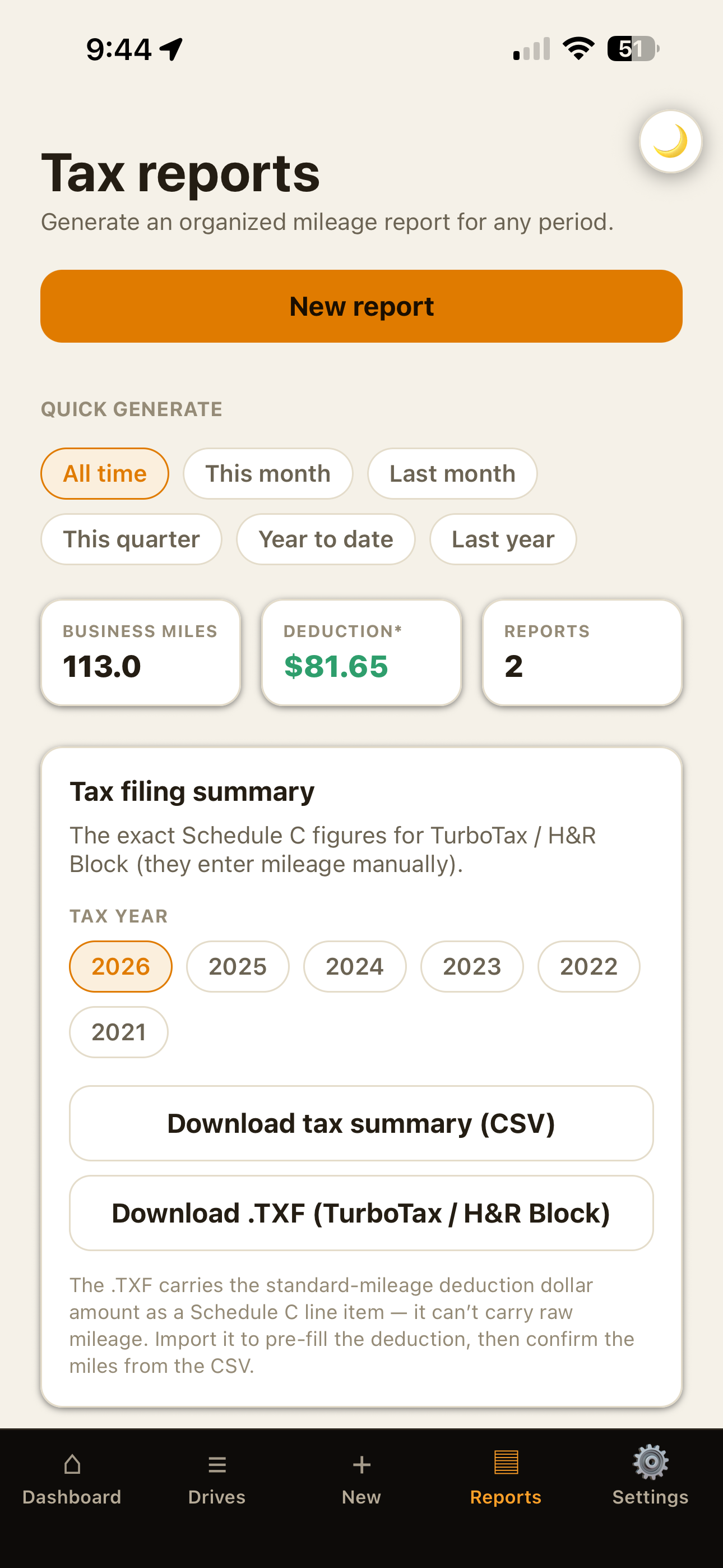 OdometerIQ Reports screen